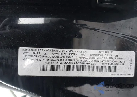 2011 Volkswagen Jetta 2.5L Se from USA, damaged, VIN 3VWDZ7AJ3BM364322